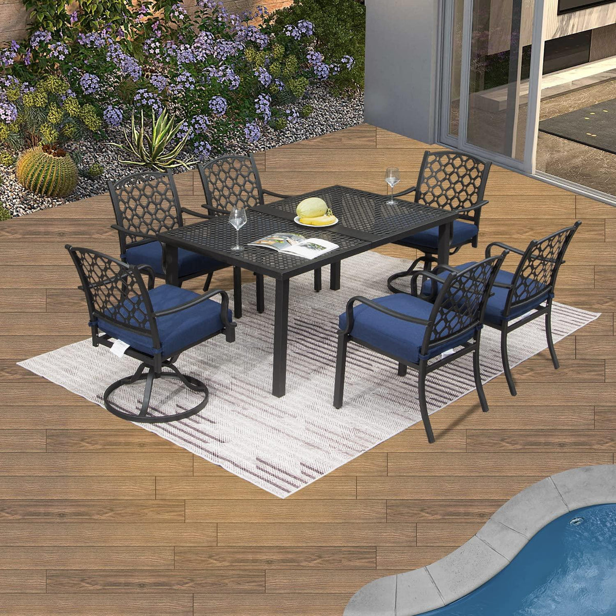 Domi 7 Pieces Patio Dining Sets All-Weather Metal Outdoor Modern Dining Sets with Table for Lawn Garden Backyard Deck with Cushions-Beige