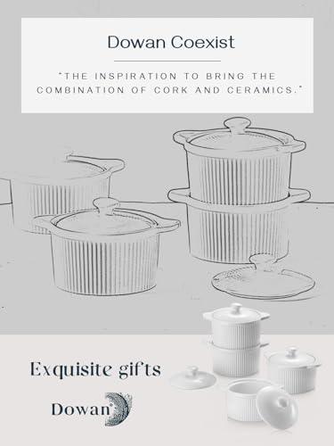 DOWAN 10 oz Ramekins with Lids Oven Safe, Porcelain White Ramekins for Creme Brulee, Souffle Dish, Stackable Ramekins with Cover and Handle for Baking, Set of 4, White