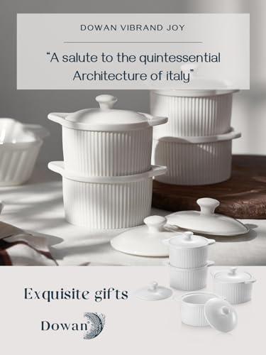 DOWAN 10 oz Ramekins with Lids Oven Safe, Porcelain White Ramekins for Creme Brulee, Souffle Dish, Stackable Ramekins with Cover and Handle for Baking, Set of 4, White