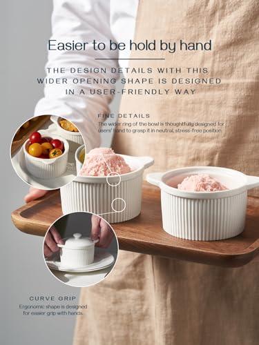 DOWAN 10 oz Ramekins with Lids Oven Safe, Porcelain White Ramekins for Creme Brulee, Souffle Dish, Stackable Ramekins with Cover and Handle for Baking, Set of 4, White