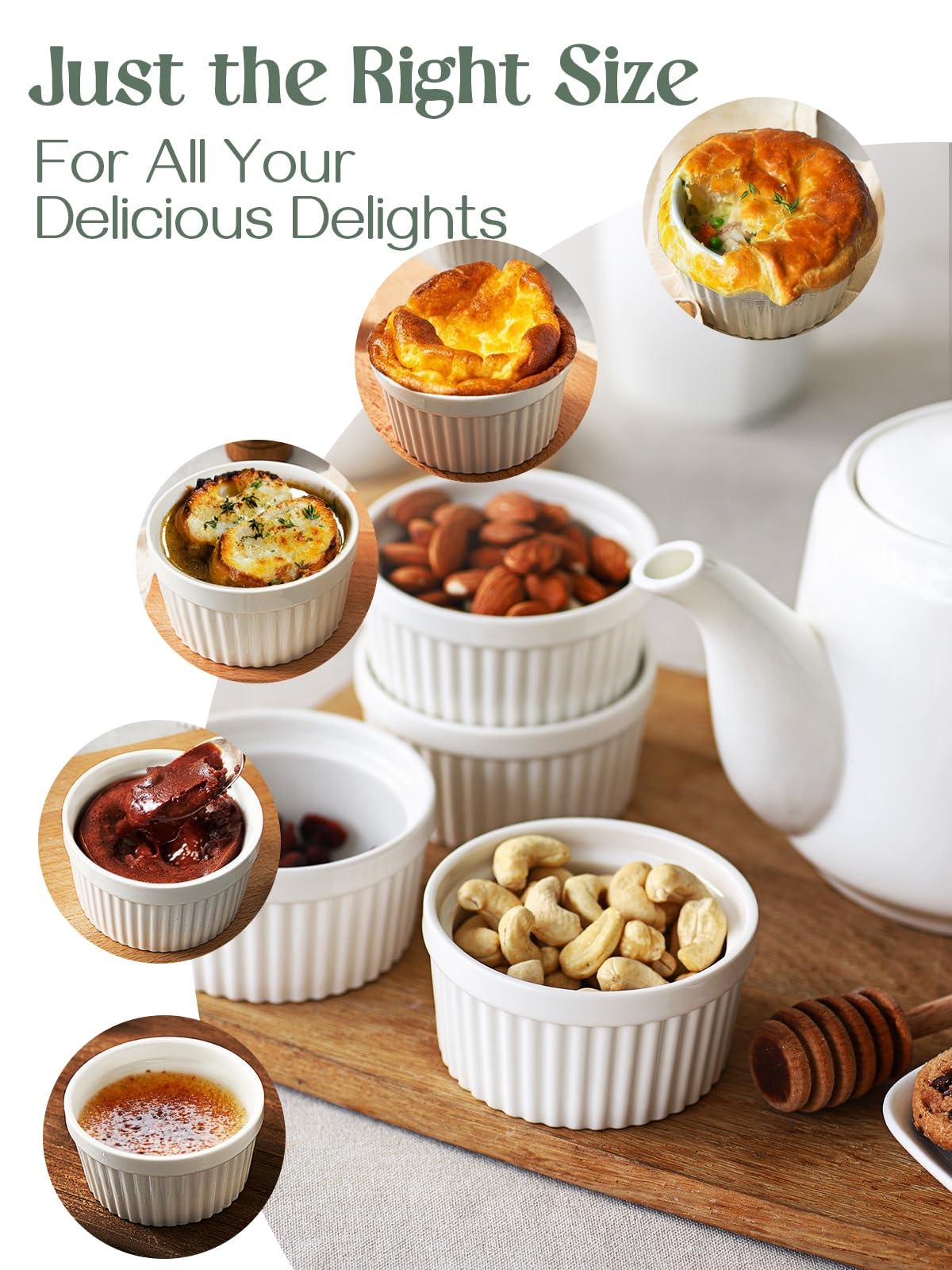 DOWAN 4 oz Ramekins for Creme Brulee Porcelain Ramekins Oven Safe, Classic Style Ramekins for Baking Souffle Ramekins Bowls, Set of 6, White