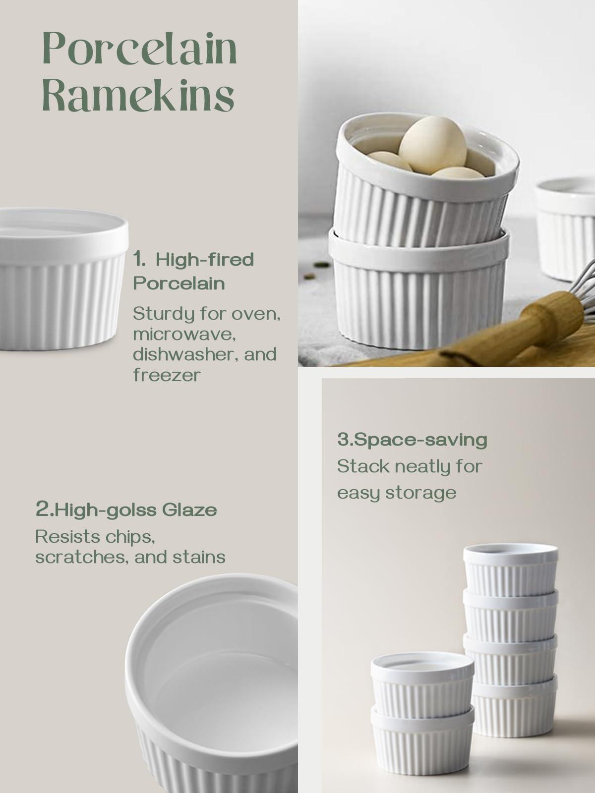 DOWAN Ramekins 8 oz Oven Safe with Lids, Creme brulee Ramekins Bowls with Covers, Porcelain White Ramekins Souffle Dishes for Baking, Stackable, Set of 6