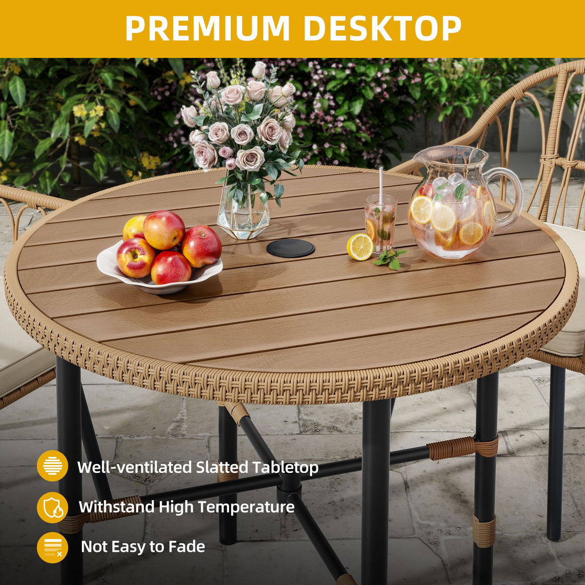 DWVO 5 Piece Patio Dining Sets, Outdoor Dining Furniture Set with 2" Umbrella Hole, Wicker Rattan Round Table and Chairs Set with Comfortable Cushions for Patio, Balcony, Backyard, Beige