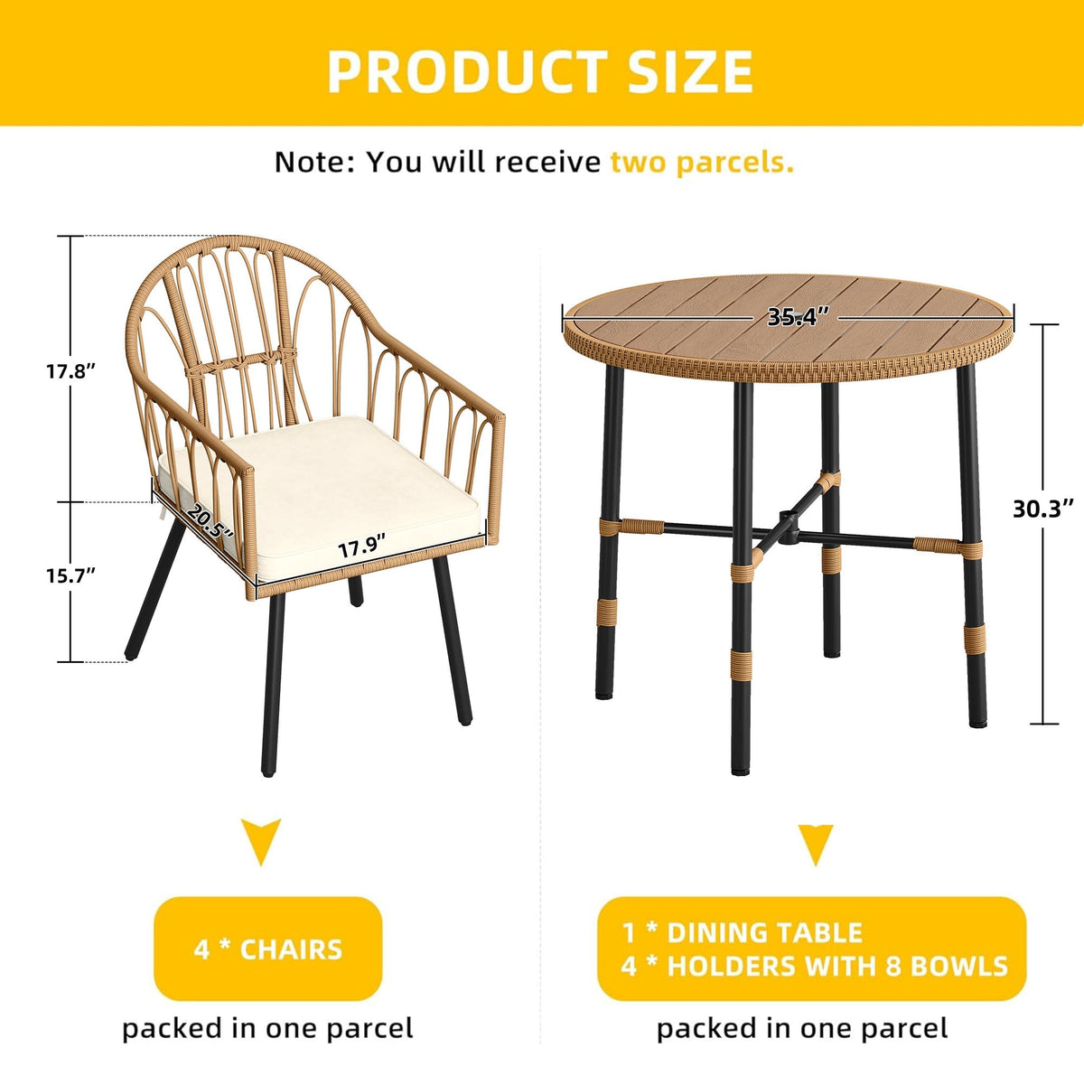 DWVO 5 Piece Patio Dining Sets, Outdoor Dining Furniture Set with 2" Umbrella Hole, Wicker Rattan Round Table and Chairs Set with Comfortable Cushions for Patio, Balcony, Backyard, Beige