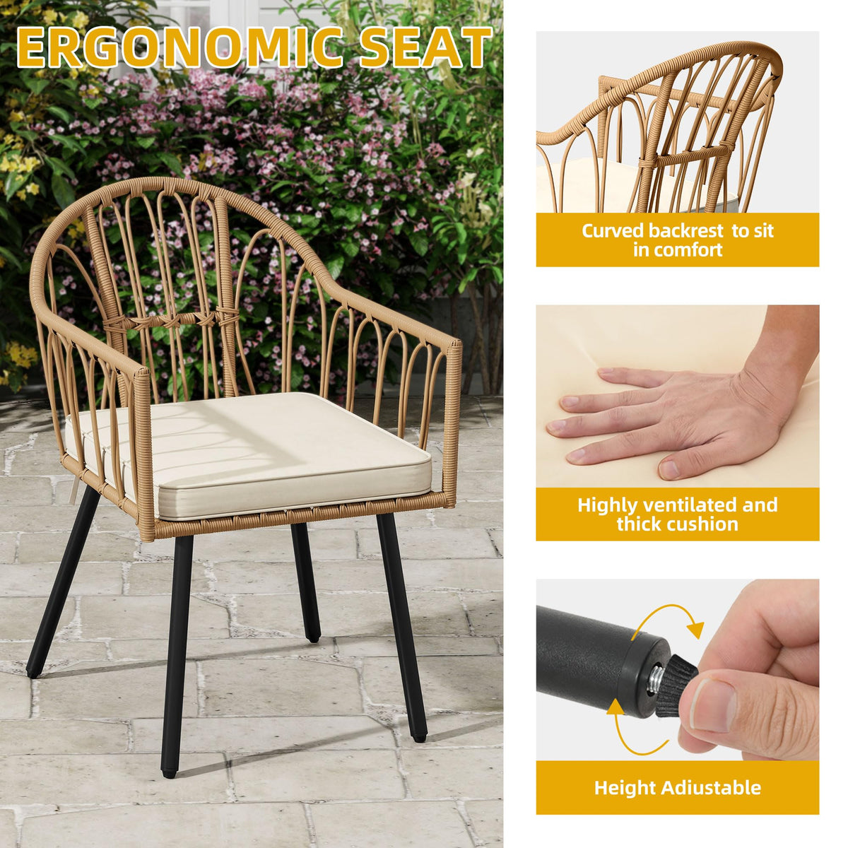 DWVO 5 Piece Patio Dining Sets, Outdoor Dining Furniture Set with 2" Umbrella Hole, Wicker Rattan Round Table and Chairs Set with Comfortable Cushions for Patio, Balcony, Backyard, Beige
