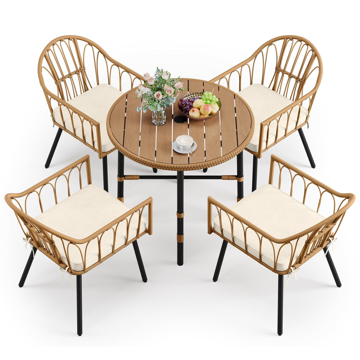 DWVO 5 Piece Patio Dining Sets, Outdoor Dining Furniture Set with 2" Umbrella Hole, Wicker Rattan Round Table and Chairs Set with Comfortable Cushions for Patio, Balcony, Backyard, Beige