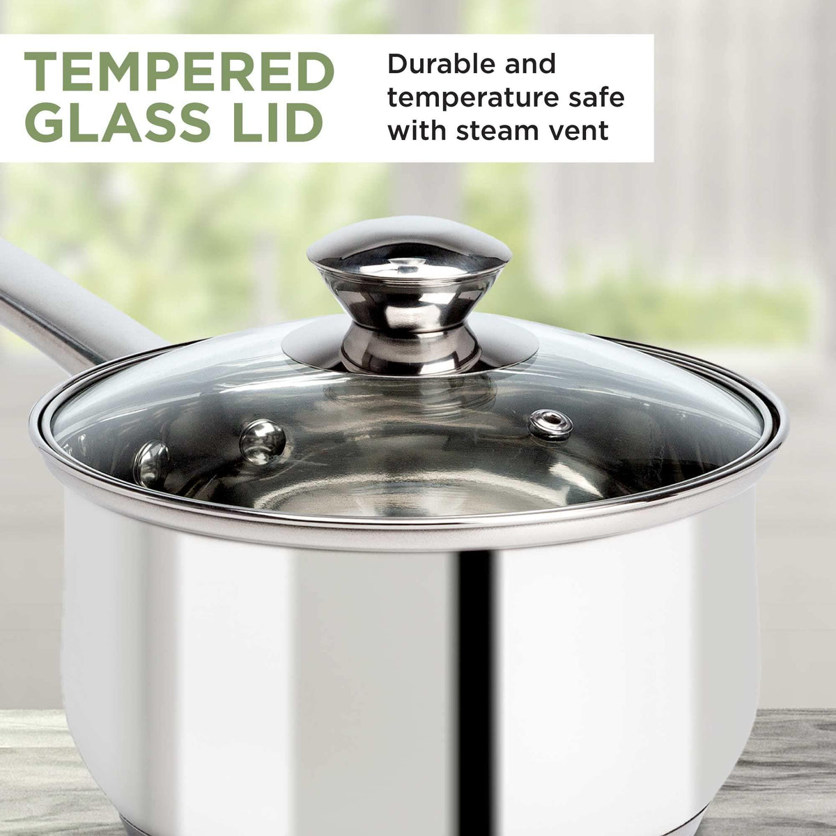 Ecolution Stainless Steel Sauce Pan with Encapsulated Bottom Matching Tempered Glass Steam Vented Lids, Made Without PFOA, Dishwasher Safe, 2-Quart, Silver