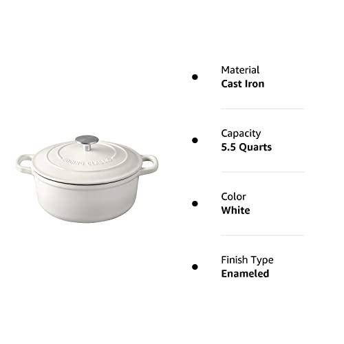 EDGING CASTING Dutch Ovens Enameled Cast Iron Covered 5.5 Quart Dutch Oven with Dual Handle for Bread Baking, White