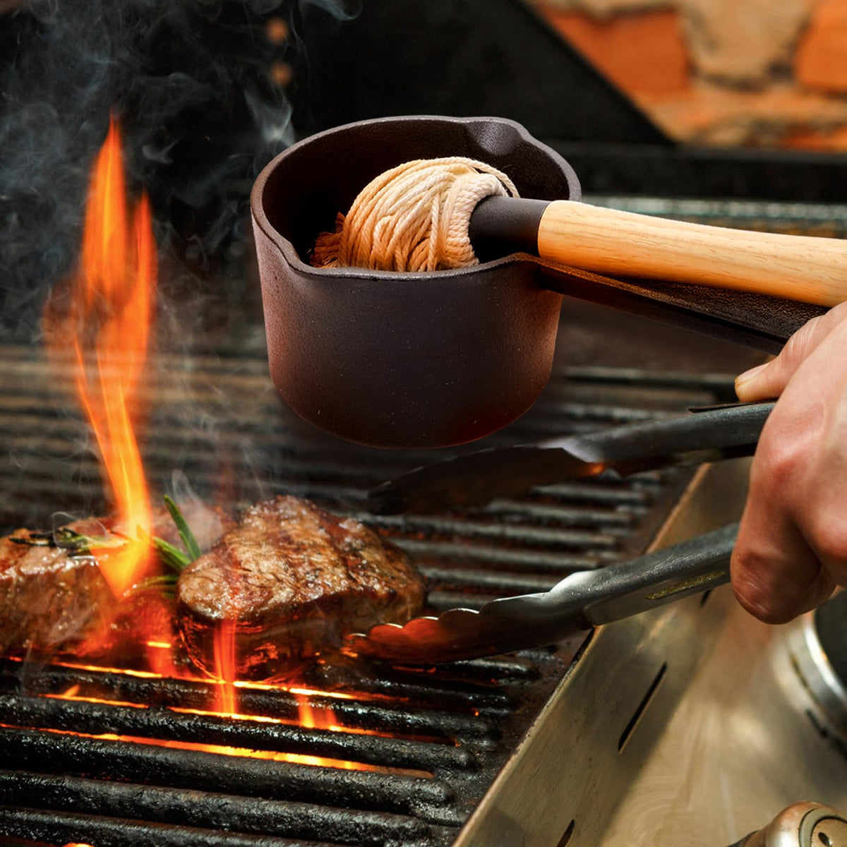 Eorbow Cast Iron Sauce Pot and BBQ Mop Brush Set for Grilling, 4 Pcs Barbecue Accessories Include Basting Melting Saucepan, Wooden Sauce Mop with 2 Replacements for Meat Smoker, Grill, Stove