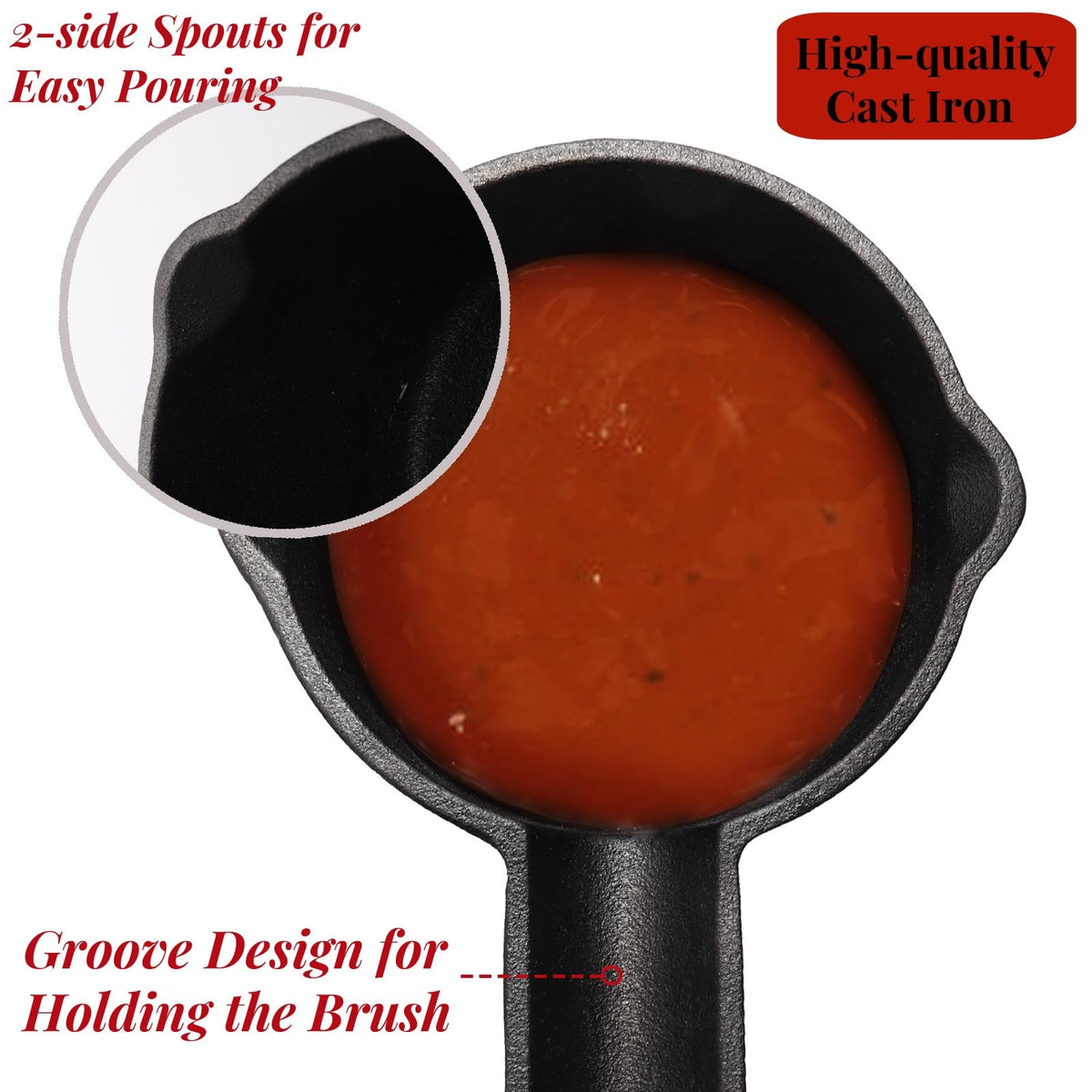 Eorbow Cast Iron Sauce Pot and BBQ Mop Brush Set for Grilling, 4 Pcs Barbecue Accessories Include Basting Melting Saucepan, Wooden Sauce Mop with 2 Replacements for Meat Smoker, Grill, Stove