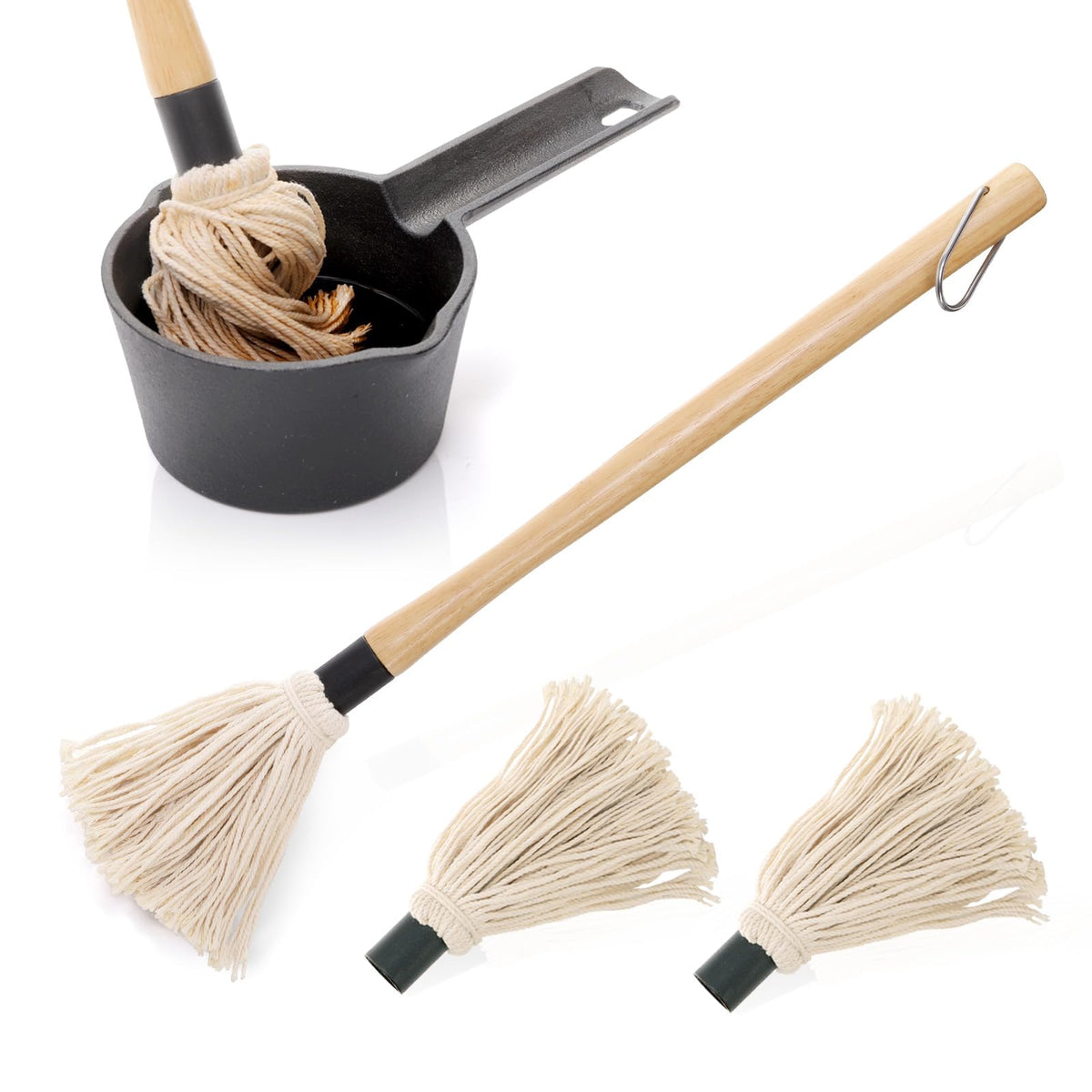 Eorbow Cast Iron Sauce Pot and BBQ Mop Brush Set for Grilling, 4 Pcs Barbecue Accessories Include Basting Melting Saucepan, Wooden Sauce Mop with 2 Replacements for Meat Smoker, Grill, Stove