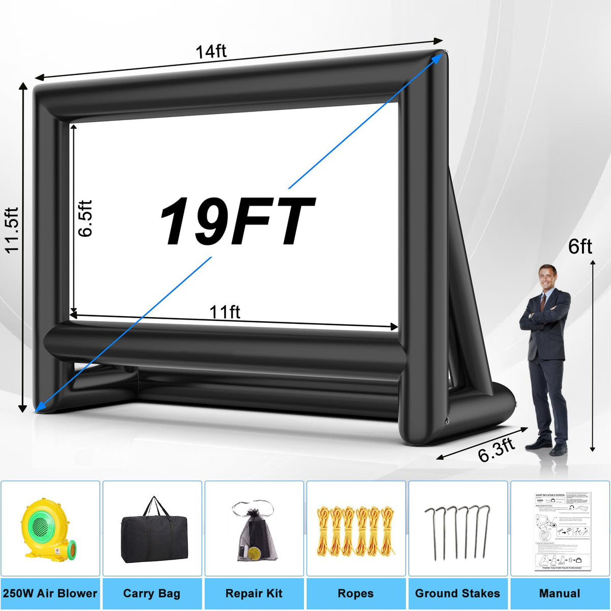 Estgora 19FT Inflatable Projector Screen for Outside Movie Nights Blow Up Projection Screen with Air Blower for Outdoor Home Theater Use Pool Backyards Party Fun, Support Front & Rear Projection
