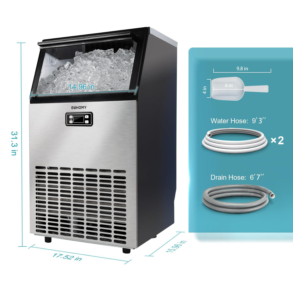 EUHOMY Commercial Ice Maker Machine, 99lbs/24H Stainless Steel Under Counter ice Machine with 33lbs Ice Storage Capacity, Freestanding Ice Maker.