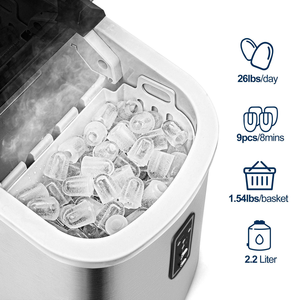 EUHOMY Ice Maker Countertop Machine - 26 lbs in 24 Hours, 9 Cubes Ready in 8 Mins, Electric ice maker and Compact potable ice maker with Ice Scoop and Basket. Perfect for Home/Kitchen/Office.(Sliver)