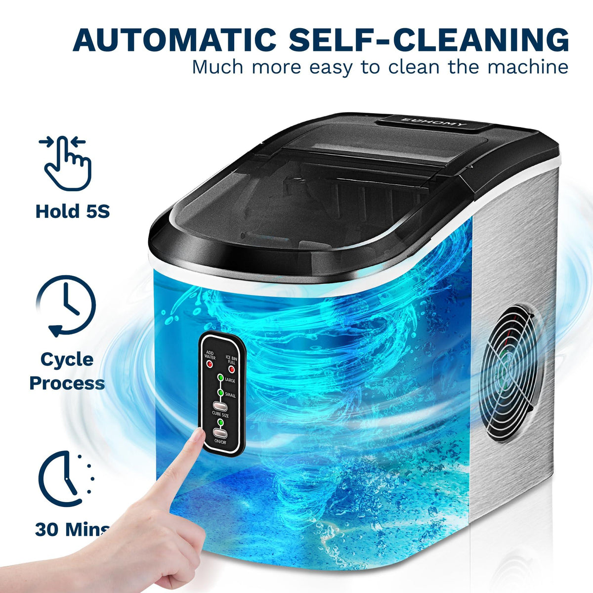 EUHOMY Ice Maker Countertop Machine - 26 lbs in 24 Hours, 9 Cubes Ready in 8 Mins, Electric ice maker and Compact potable ice maker with Ice Scoop and Basket. Perfect for Home/Kitchen/Office.(Sliver)