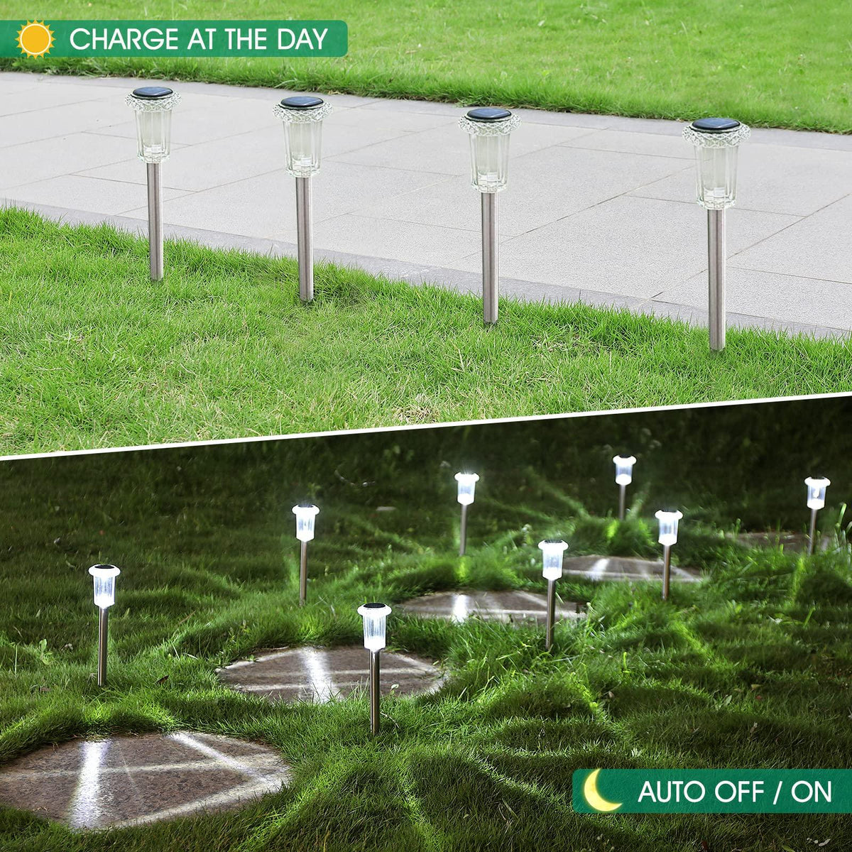 Eyrosa Solar Outdoor Lights, 10 Pack Waterproof Stainless Steel Solar Stake Lights for Pathway Garden Yard Path Walkway Driveway Lawn Decor - Cool White