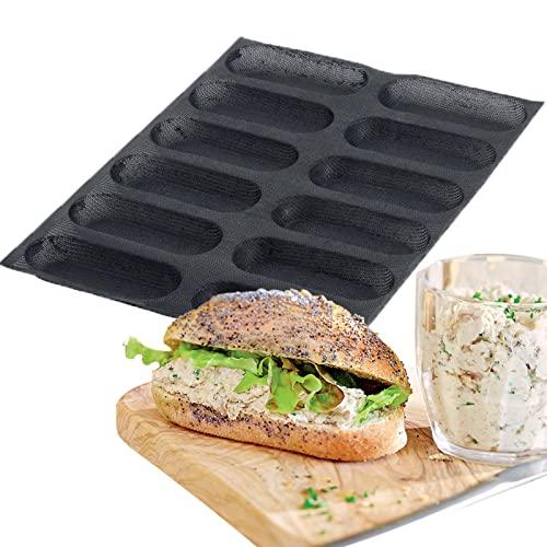 FETESUR Silicone Perforated Bread Mold for Baking, 12 Individual Oblong Baking Forms, Hot Dog Bun Mold, Silicone Molds for Making Crispy Bread Rolls, Eclairs and Milk Breads