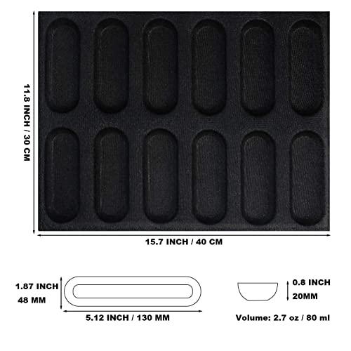 FETESUR Silicone Perforated Bread Mold for Baking, 12 Individual Oblong Baking Forms, Hot Dog Bun Mold, Silicone Molds for Making Crispy Bread Rolls, Eclairs and Milk Breads