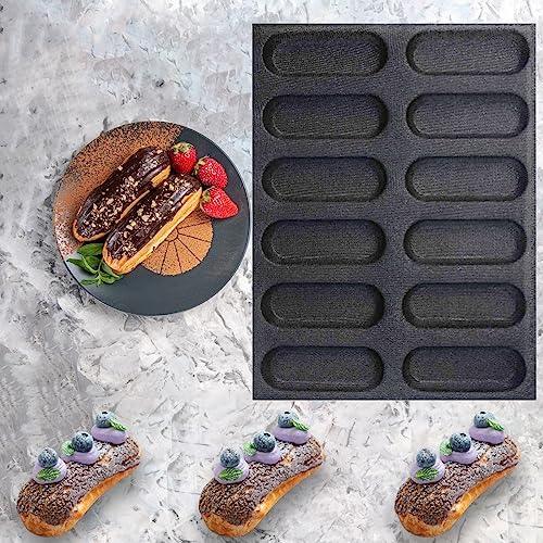 FETESUR Silicone Perforated Bread Mold for Baking, 12 Individual Oblong Baking Forms, Hot Dog Bun Mold, Silicone Molds for Making Crispy Bread Rolls, Eclairs and Milk Breads