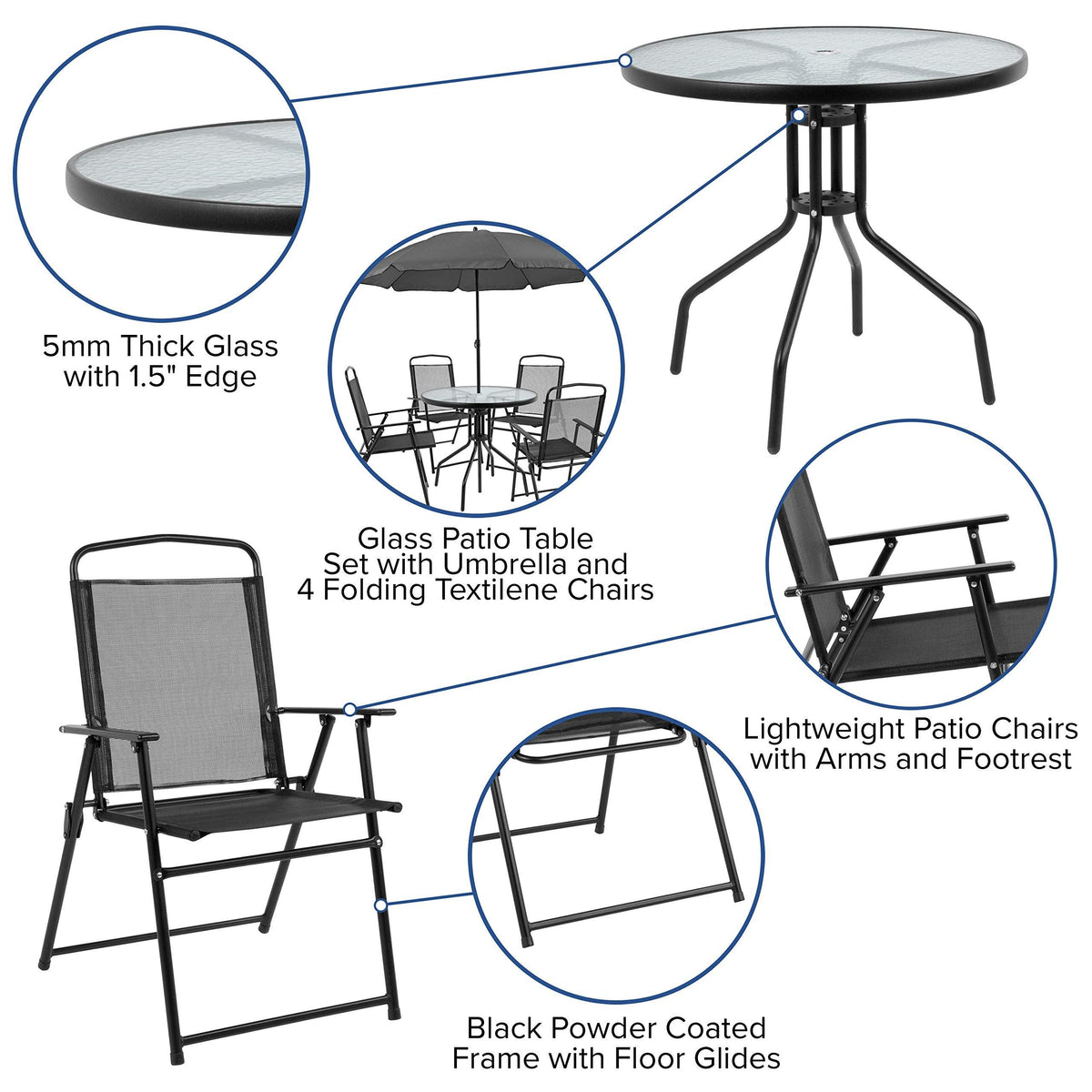 Flash Furniture Nantucket 6-Piece Patio Dining Set with Glass Table, 4 Folding Chairs, and Umbrella, Outdoor Patio Table, Chairs, and Umbrella Set, Black