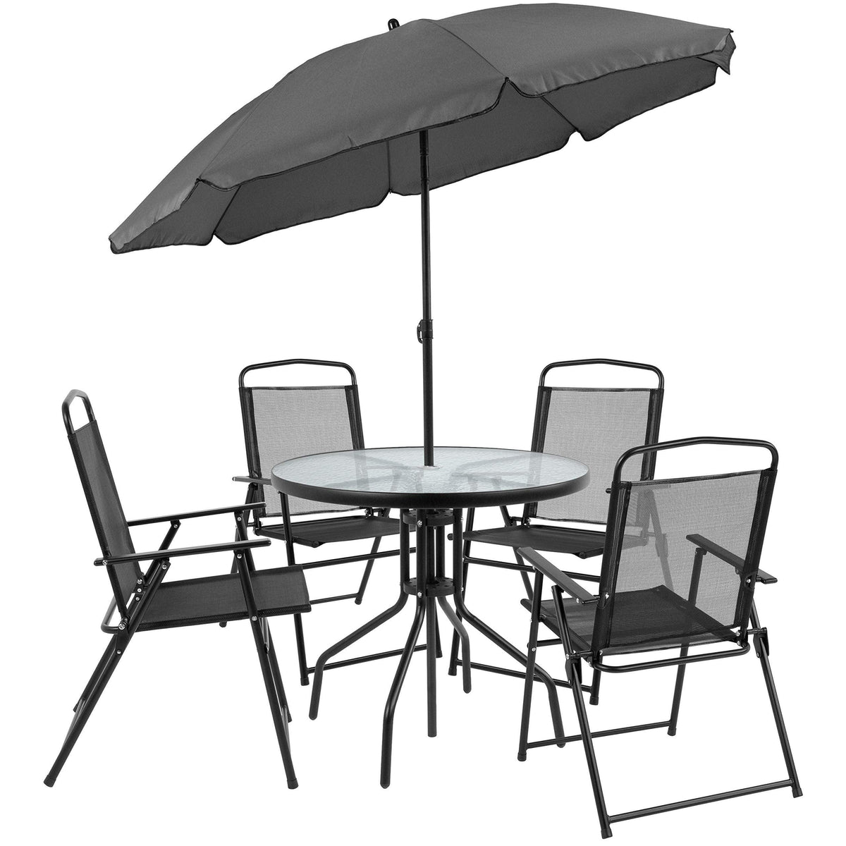 Flash Furniture Nantucket 6-Piece Patio Dining Set with Glass Table, 4 Folding Chairs, and Umbrella, Outdoor Patio Table, Chairs, and Umbrella Set, Black