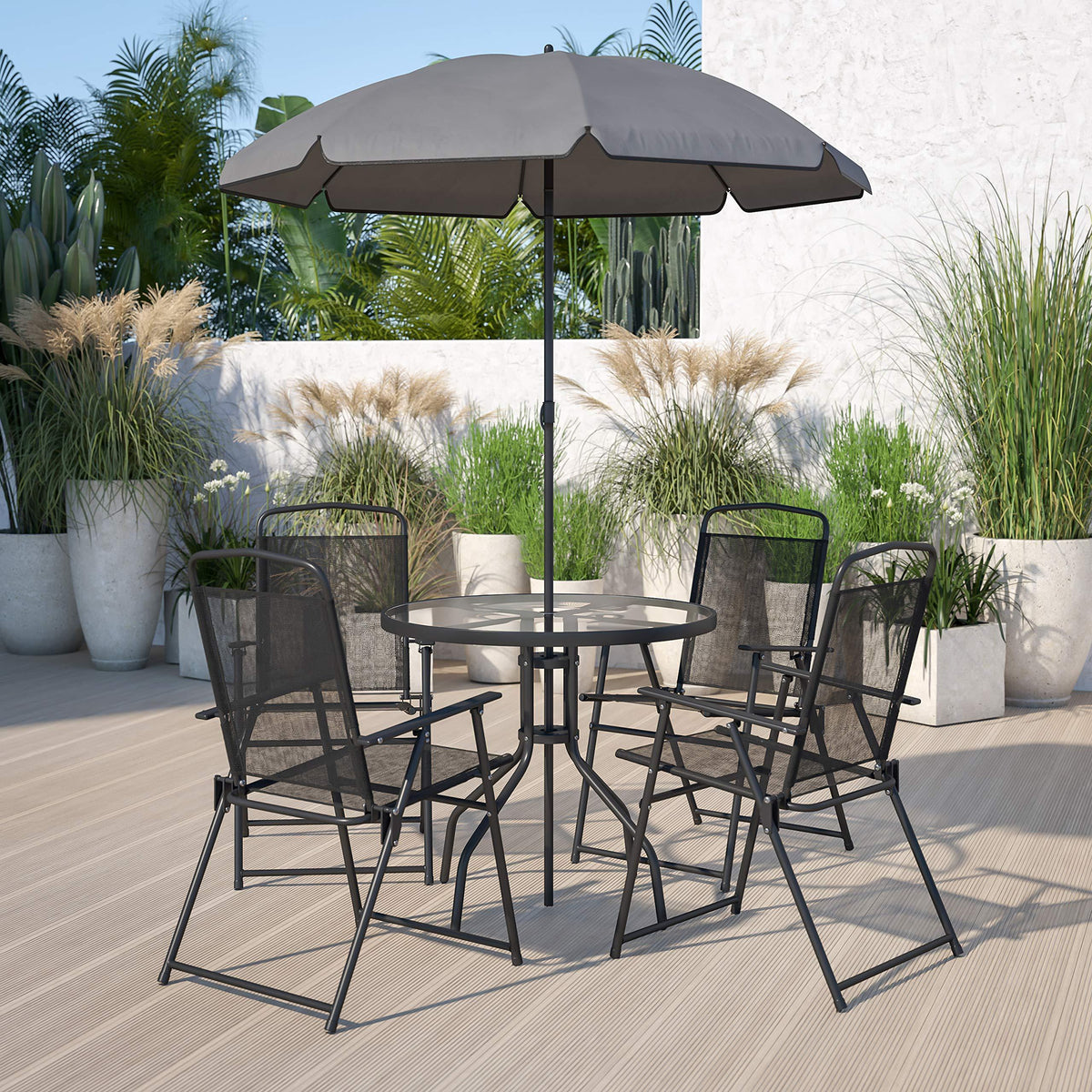 Flash Furniture Nantucket 6-Piece Patio Dining Set with Glass Table, 4 Folding Chairs, and Umbrella, Outdoor Patio Table, Chairs, and Umbrella Set, Black