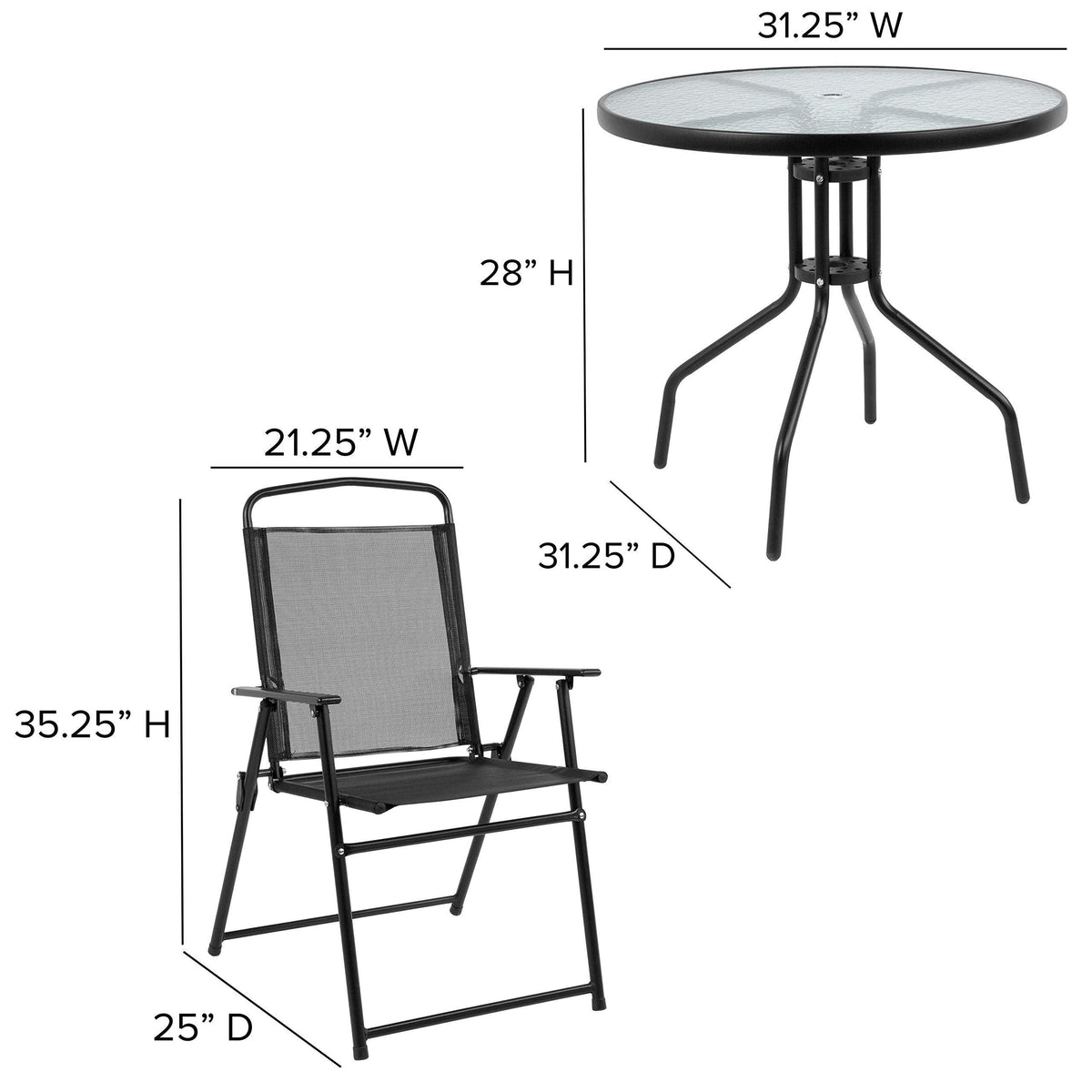 Flash Furniture Nantucket 6-Piece Patio Dining Set with Glass Table, 4 Folding Chairs, and Umbrella, Outdoor Patio Table, Chairs, and Umbrella Set, Black