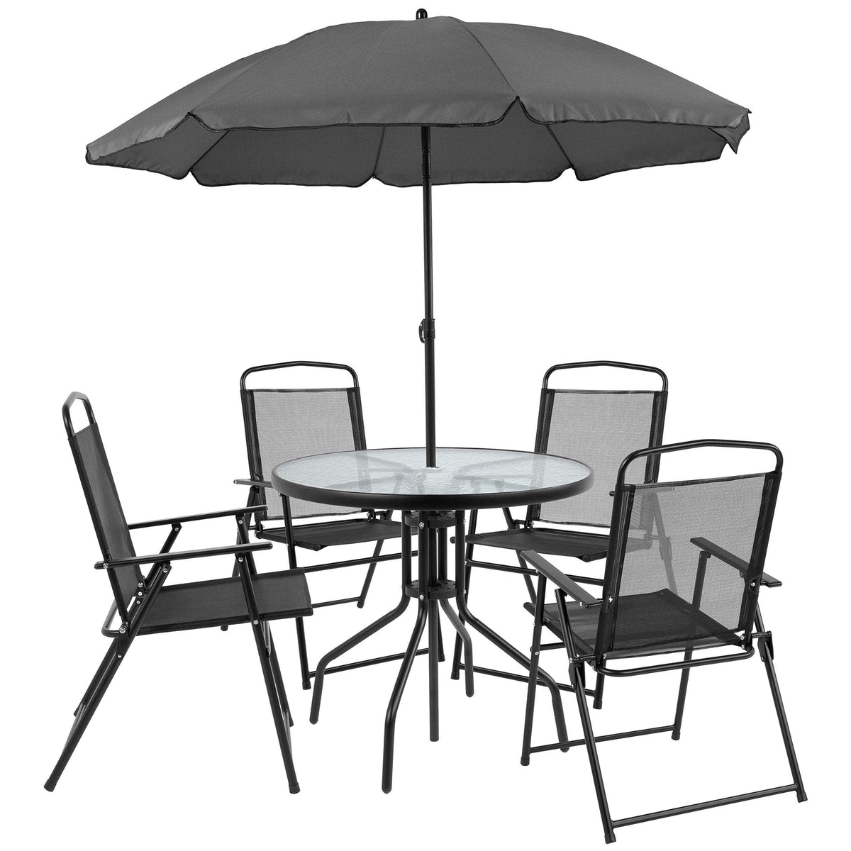 Flash Furniture Nantucket 6-Piece Patio Dining Set with Glass Table, 4 Folding Chairs, and Umbrella, Outdoor Patio Table, Chairs, and Umbrella Set, Black