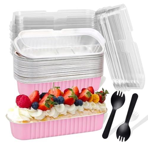 Fodofodo 20PCS Rectangle Mini Loaf Pans With Lids,Mini Cake Pans with Lids,Disposable Ramekins Baking Cups Muffin Tins Cupcake Cups for Wedding Birthday Party,6.8oz（Pink）