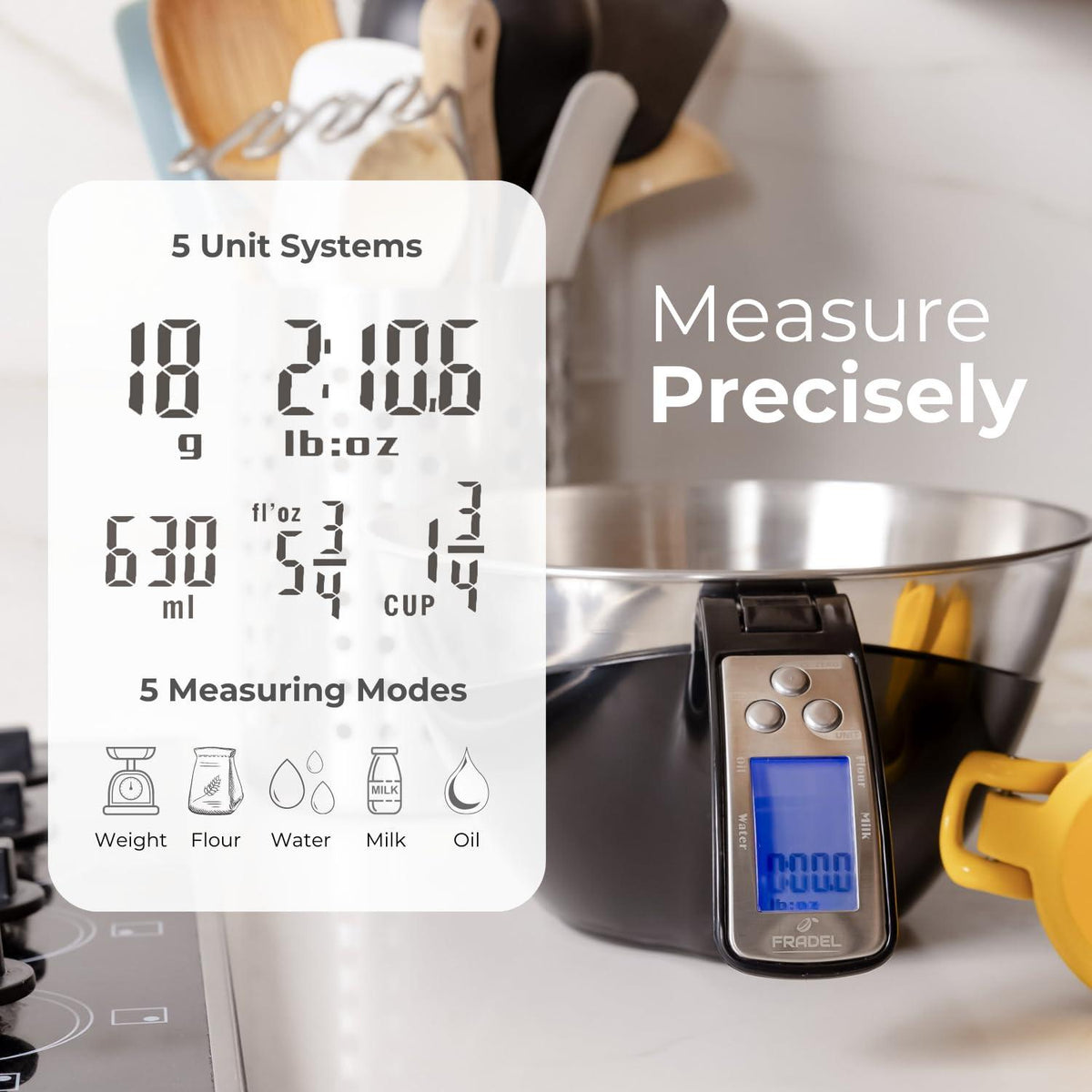 Fradel Digital Kitchen Food Scale with Bowl (Removable) and Measuring Cup - Stainless Steel, Backlight, 11lbs Capacity - Cooking, Baking, Gym, Diet - Precise Measuring (Black)