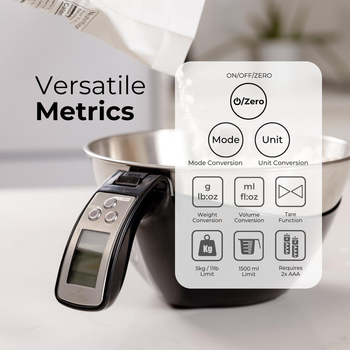 Fradel Digital Kitchen Food Scale with Bowl (Removable) and Measuring Cup - Stainless Steel, Backlight, 11lbs Capacity - Cooking, Baking, Gym, Diet - Precise Measuring (Black)