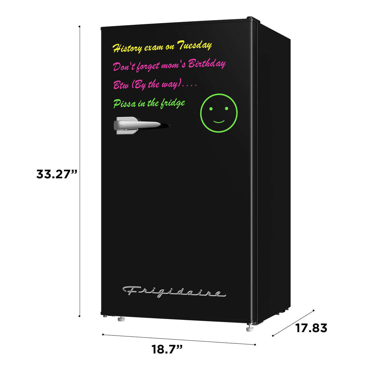 Frigidaire EFR331 Single Door Compact Refrigerator - Adjustable Thermostat Control - Reversible Doors - Front Blackboard, Write and Erase - Ideal for Dorm, Office, RV, Room - Black, 3.2 Cubic Feet