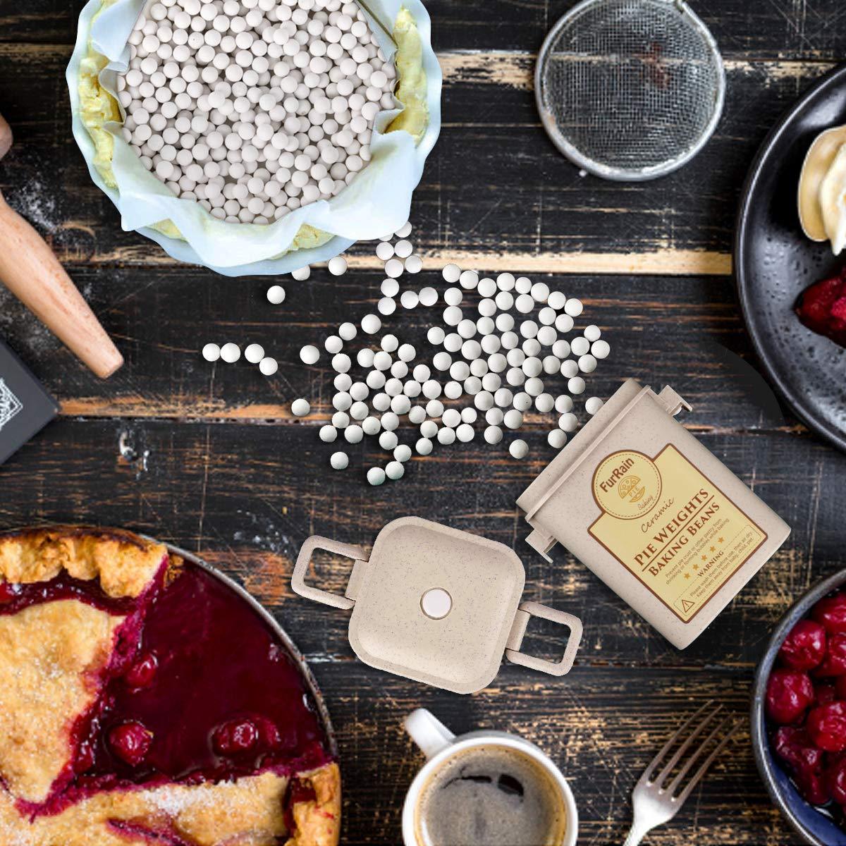 FurRain Ceramic Pie Weights Reusable 10mm Baking Beans Pie Crust Weights Natural Ceramic Stoneware with Wheat Straw Container