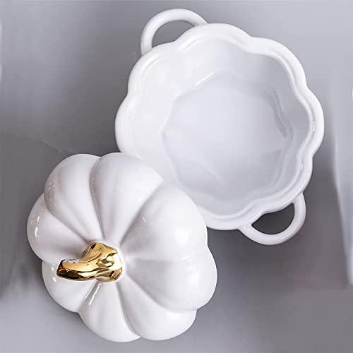 FYUEROPA Pumpkin Bowl Set with Lid and Handle, 14 Oz Ceramic Ramekins for Baking, Casserole Dish Individual Severing Pot, Stoneware, Oven Safe (White)