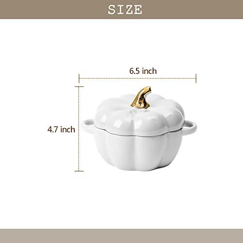FYUEROPA Pumpkin Bowl Set with Lid and Handle, 14 Oz Ceramic Ramekins for Baking, Casserole Dish Individual Severing Pot, Stoneware, Oven Safe (White)