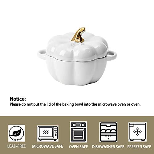 FYUEROPA Pumpkin Bowl Set with Lid and Handle, 14 Oz Ceramic Ramekins for Baking, Casserole Dish Individual Severing Pot, Stoneware, Oven Safe (White)