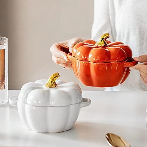 FYUEROPA Pumpkin Bowl Set with Lid and Handle, 14 Oz Ceramic Ramekins for Baking, Casserole Dish Individual Severing Pot, Stoneware, Oven Safe (White)
