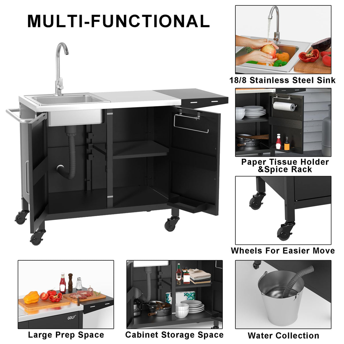 GDLF Outdoor Grill Table with Sink,Metal Grill Cart, Outdoor Kitchen Island with Stainless Steel Sink,L57*W21.65