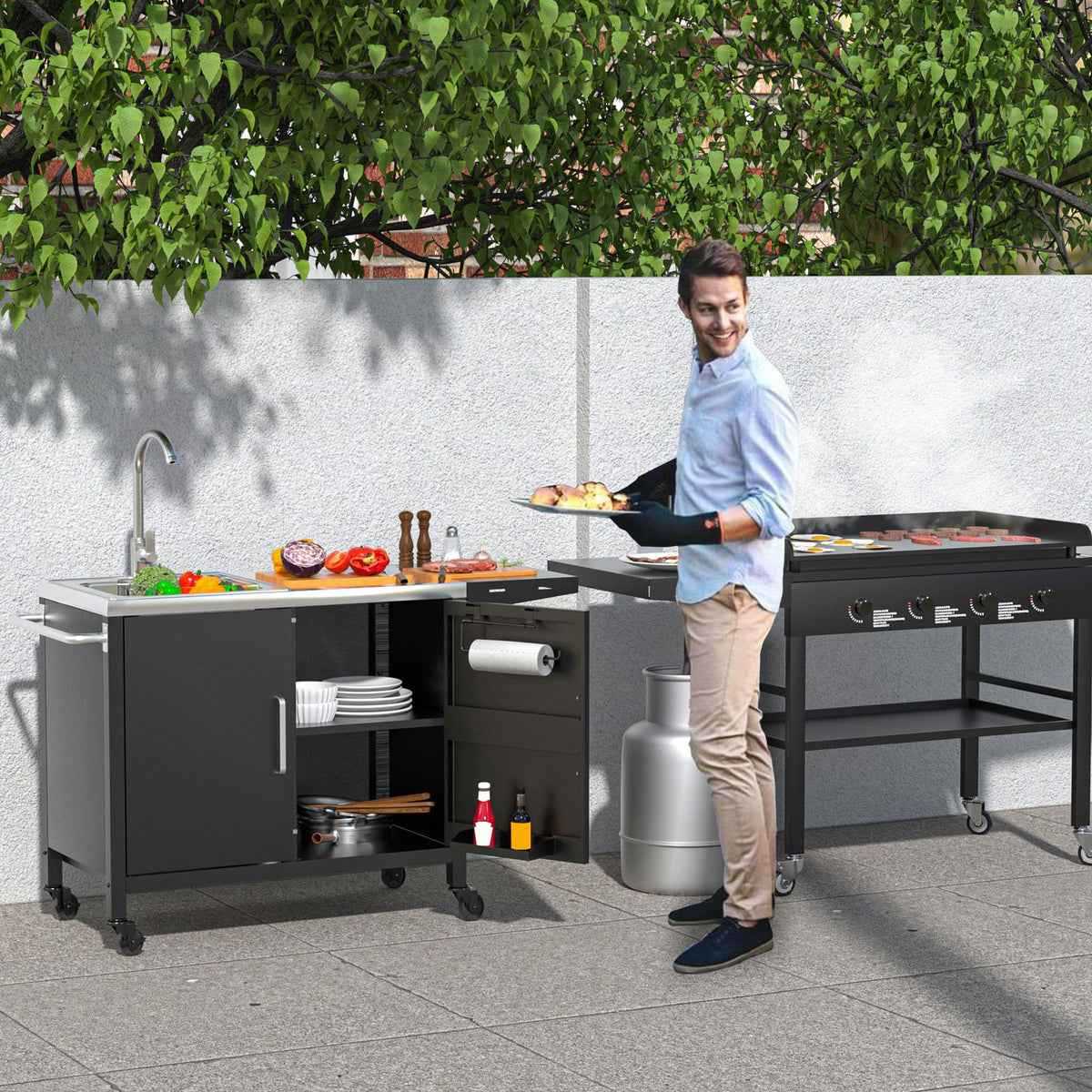 GDLF Outdoor Grill Table with Sink,Metal Grill Cart, Outdoor Kitchen Island with Stainless Steel Sink,L57*W21.65
