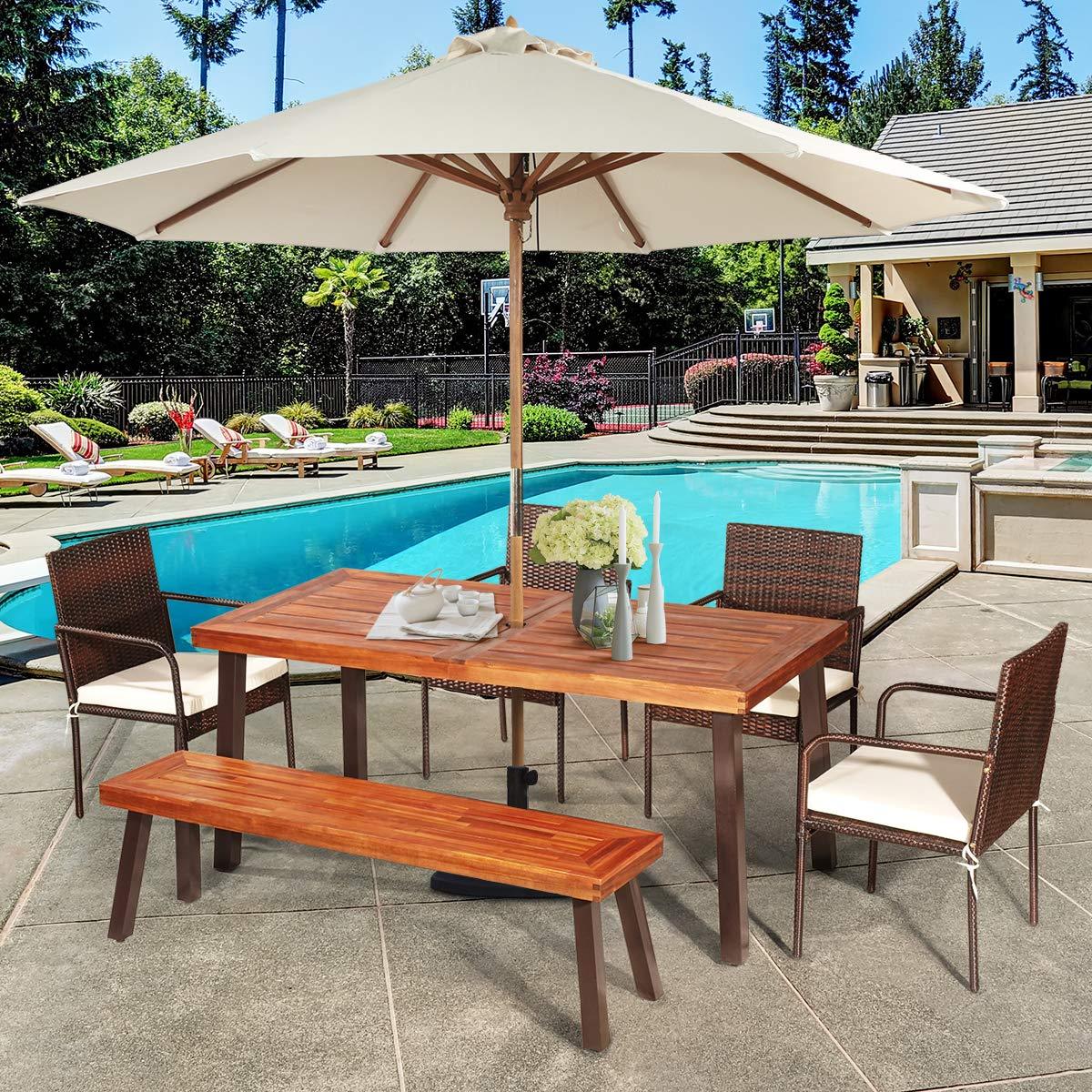 Giantex Patio Dining Table with Umbrella Hole, Outdoor Picnic Table for Backyard, Garden, Lawn, Farmhouse, Acacia Wood Rectangular Table with Metal Legs, Rustic Brown