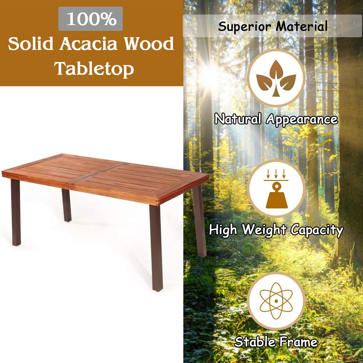 Giantex Patio Dining Table with Umbrella Hole, Outdoor Picnic Table for Backyard, Garden, Lawn, Farmhouse, Acacia Wood Rectangular Table with Metal Legs, Rustic Brown