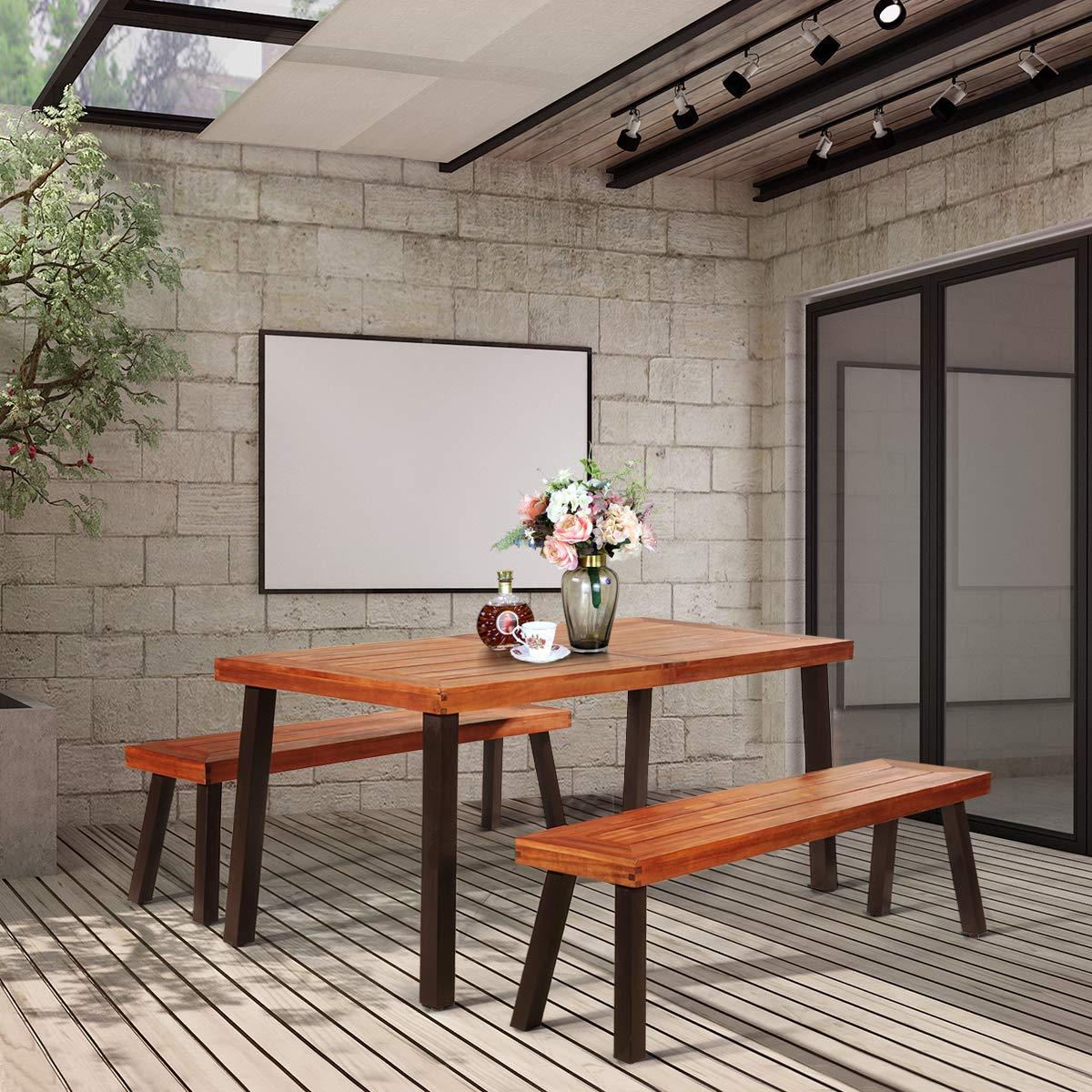 Giantex Patio Dining Table with Umbrella Hole, Outdoor Picnic Table for Backyard, Garden, Lawn, Farmhouse, Acacia Wood Rectangular Table with Metal Legs, Rustic Brown