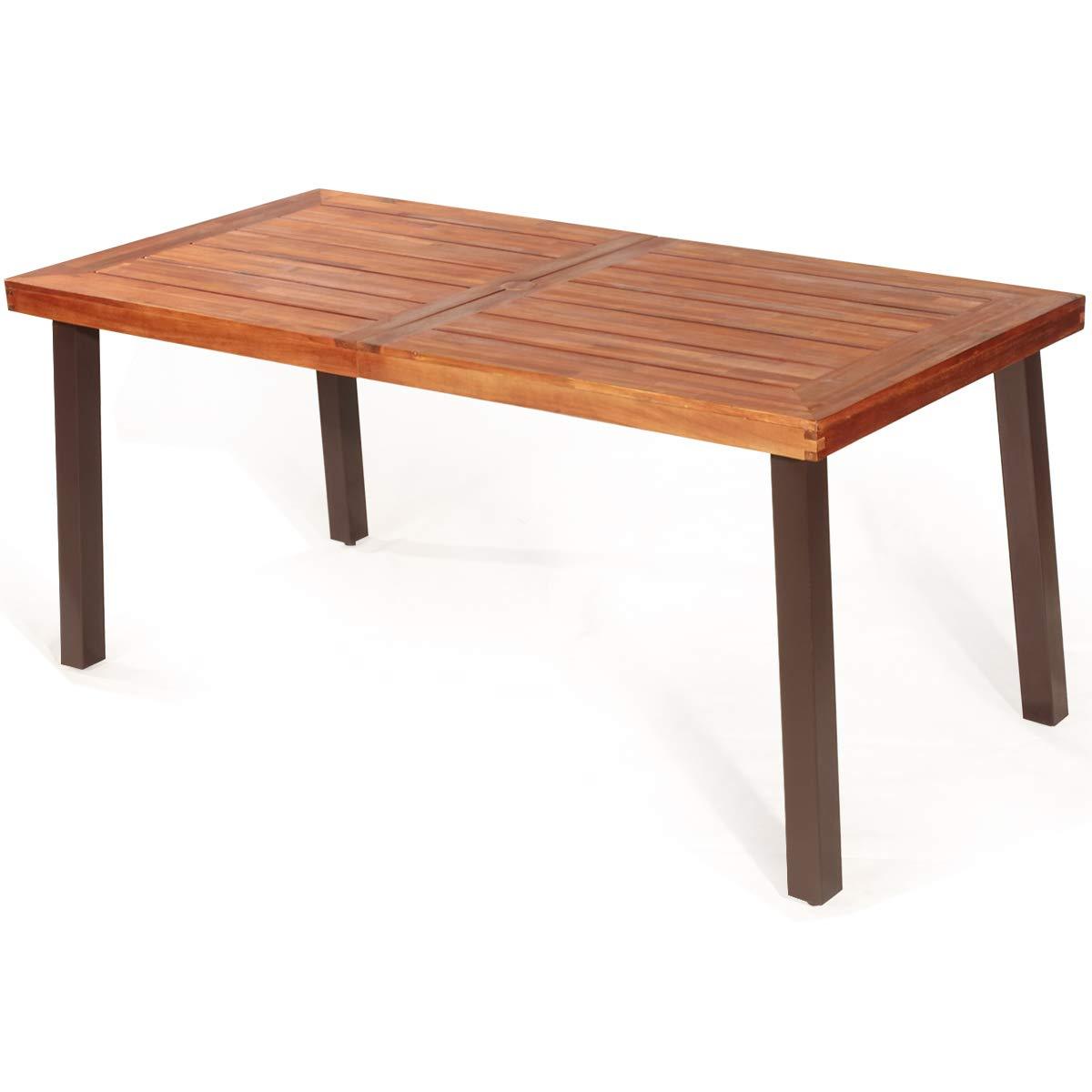 Giantex Patio Dining Table with Umbrella Hole, Outdoor Picnic Table for Backyard, Garden, Lawn, Farmhouse, Acacia Wood Rectangular Table with Metal Legs, Rustic Brown