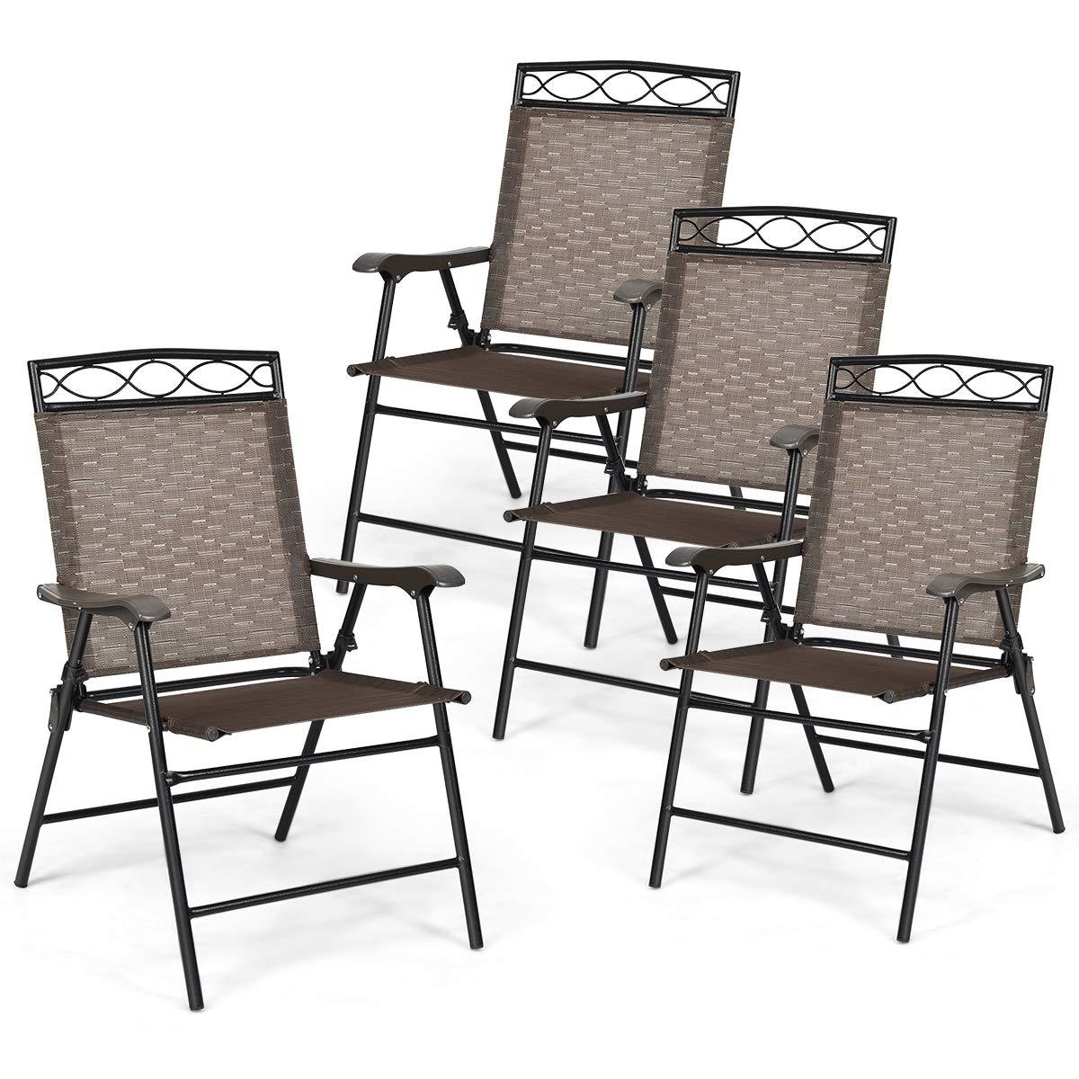 Giantex Set of 4 Patio Folding dining chairs for Camping, Beach, Backyard, Deck Portable w/Armrest and Metal Frame, 4-Pack (Brown)