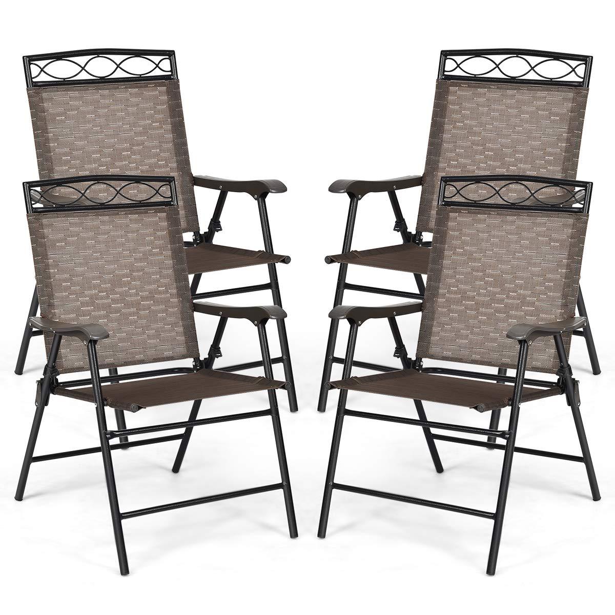 Giantex Set of 4 Patio Folding dining chairs for Camping, Beach, Backyard, Deck Portable w/Armrest and Metal Frame, 4-Pack (Brown)