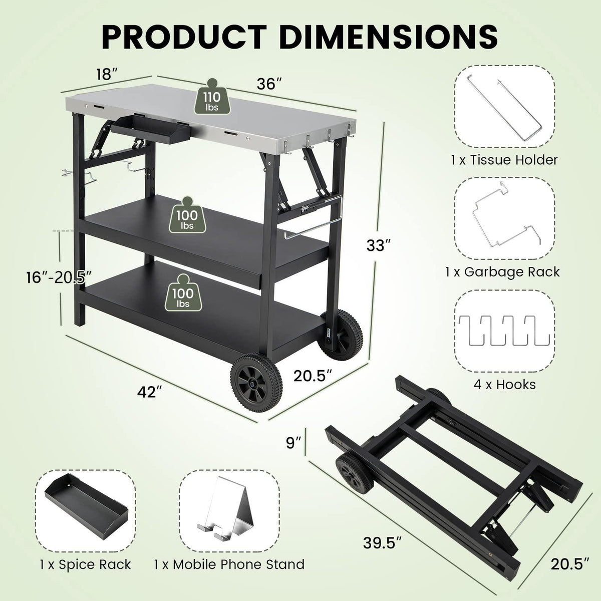 GOFLAME 3-Shelf Outdoor Grill Dining Cart, Movable Food Prep Cart Table with Adjustable Shelf, Stainless Steel Table Top, Kitchen Cart Island Table on 2 Wheels, Heavy Duty BBQ Flattop Worktable