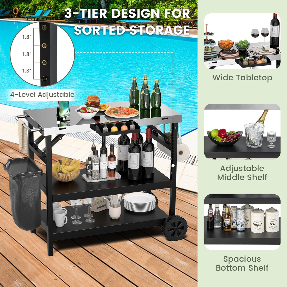 GOFLAME 3-Shelf Outdoor Grill Dining Cart, Movable Food Prep Cart Table with Adjustable Shelf, Stainless Steel Table Top, Kitchen Cart Island Table on 2 Wheels, Heavy Duty BBQ Flattop Worktable