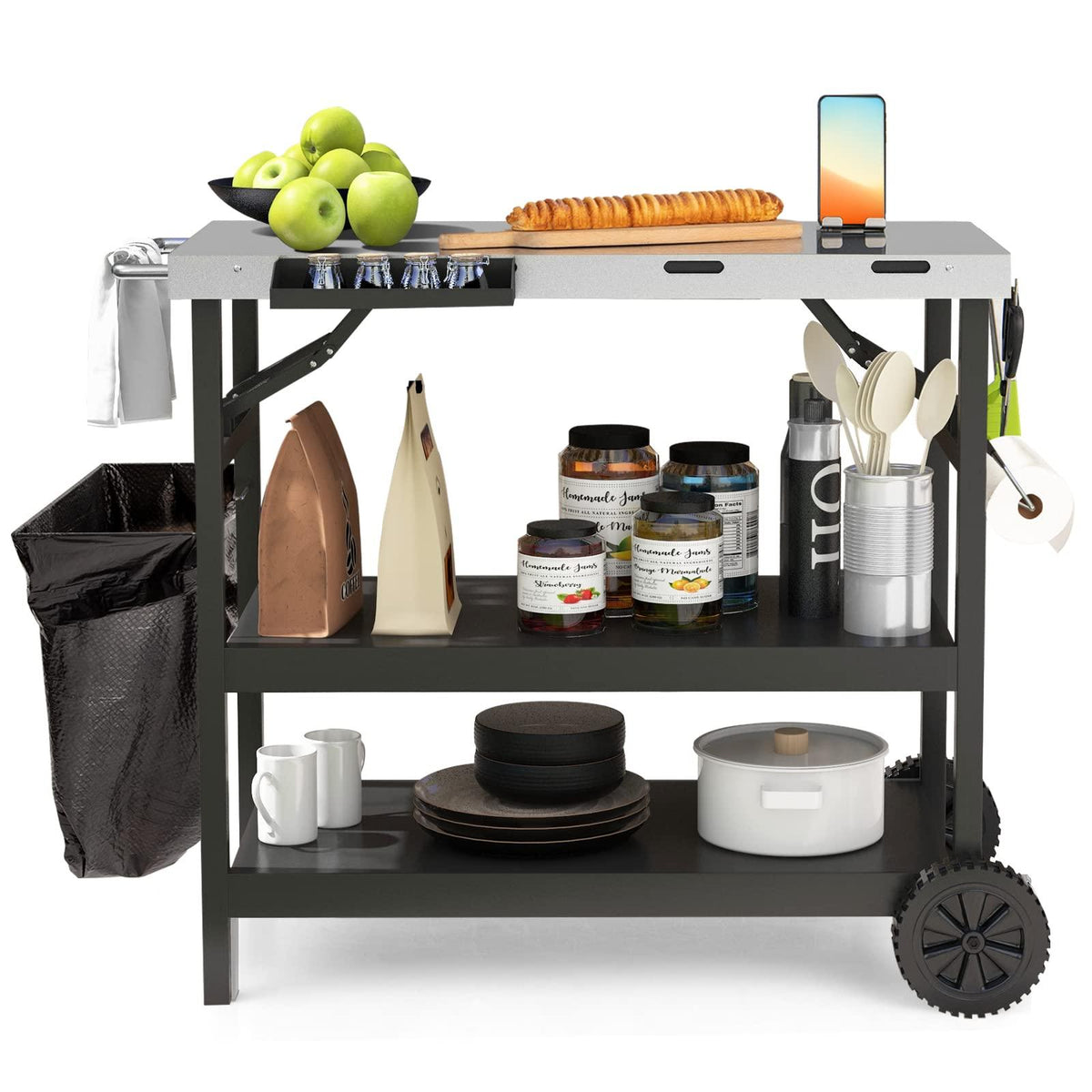 GOFLAME 3-Shelf Outdoor Grill Dining Cart, Movable Food Prep Cart Table with Adjustable Shelf, Stainless Steel Table Top, Kitchen Cart Island Table on 2 Wheels, Heavy Duty BBQ Flattop Worktable