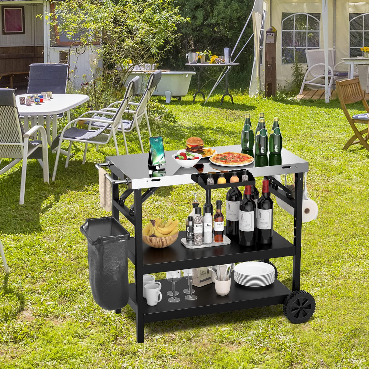 GOFLAME 3-Shelf Outdoor Grill Dining Cart, Movable Food Prep Cart Table with Adjustable Shelf, Stainless Steel Table Top, Kitchen Cart Island Table on 2 Wheels, Heavy Duty BBQ Flattop Worktable