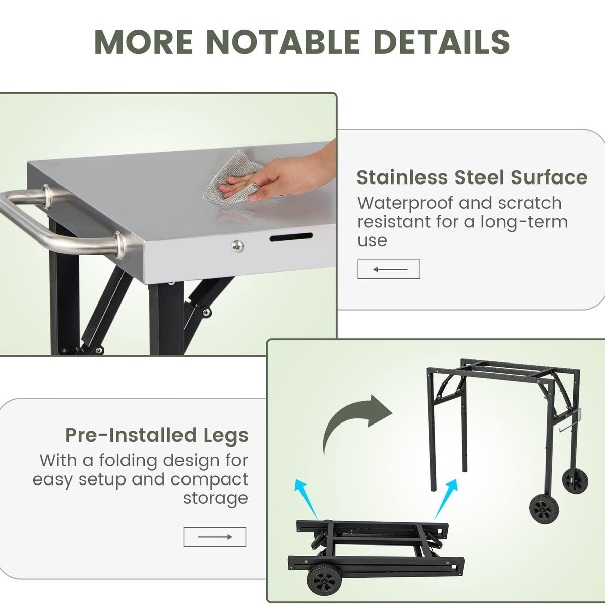 GOFLAME 3-Shelf Outdoor Grill Dining Cart, Movable Food Prep Cart Table with Adjustable Shelf, Stainless Steel Table Top, Kitchen Cart Island Table on 2 Wheels, Heavy Duty BBQ Flattop Worktable